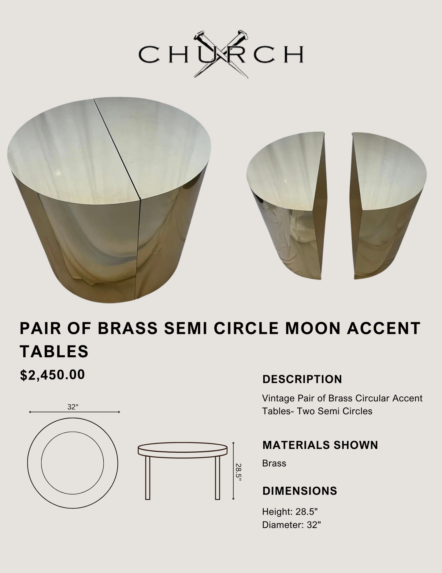 Pair of Brass Semi Circle Moon Accent Tables