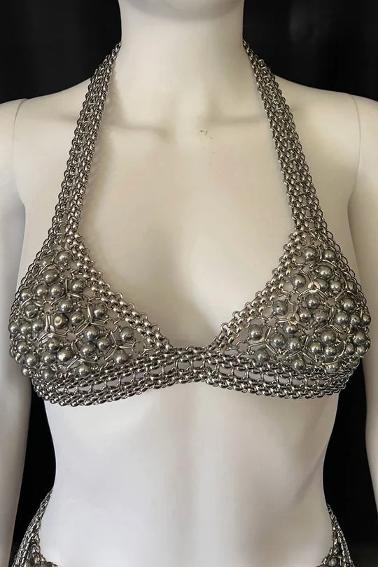 Metal Grey Bra with Ball Chain
