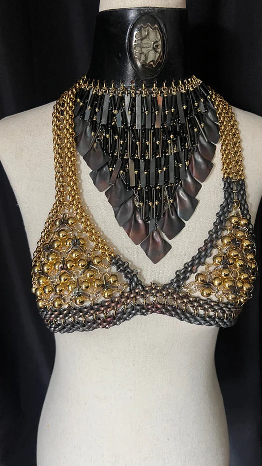 Asymmetrical Black & Gold Chain Bra with Balls