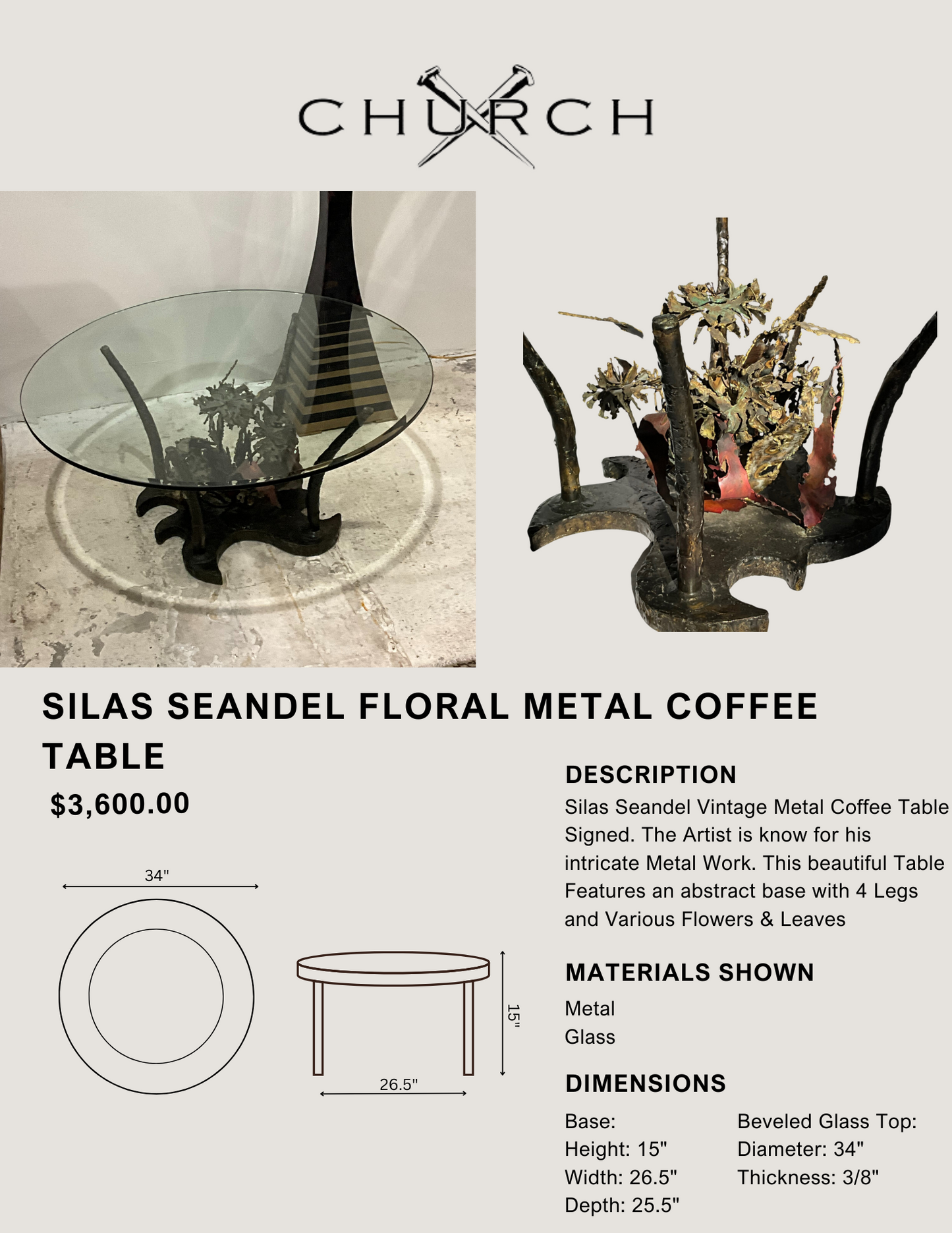 Silas Seandel Floral Metal Coffee Table - Signed