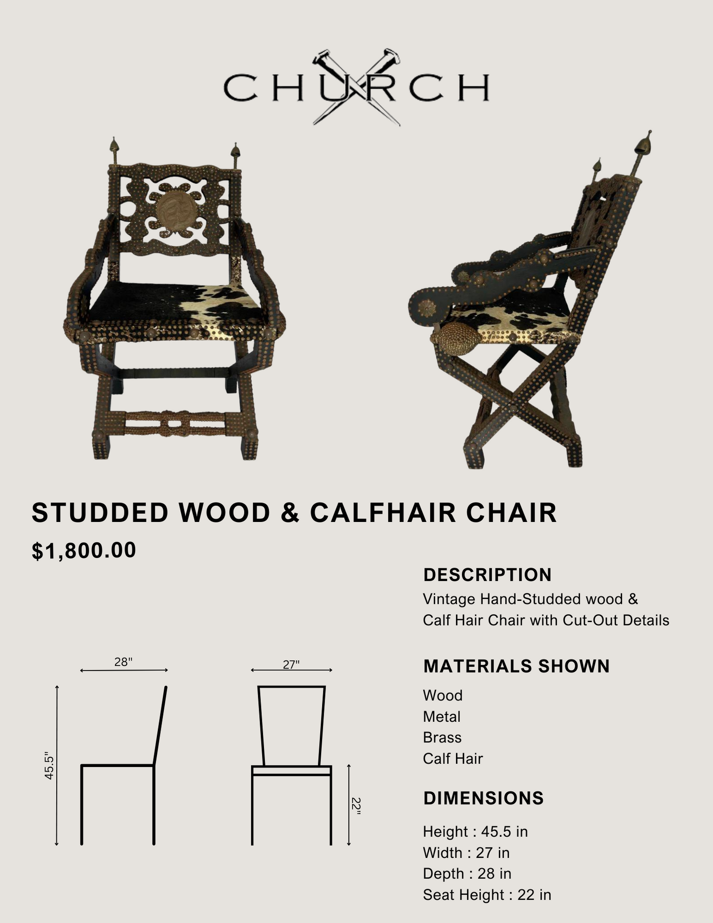 Studded Wood & Calfhair Chair