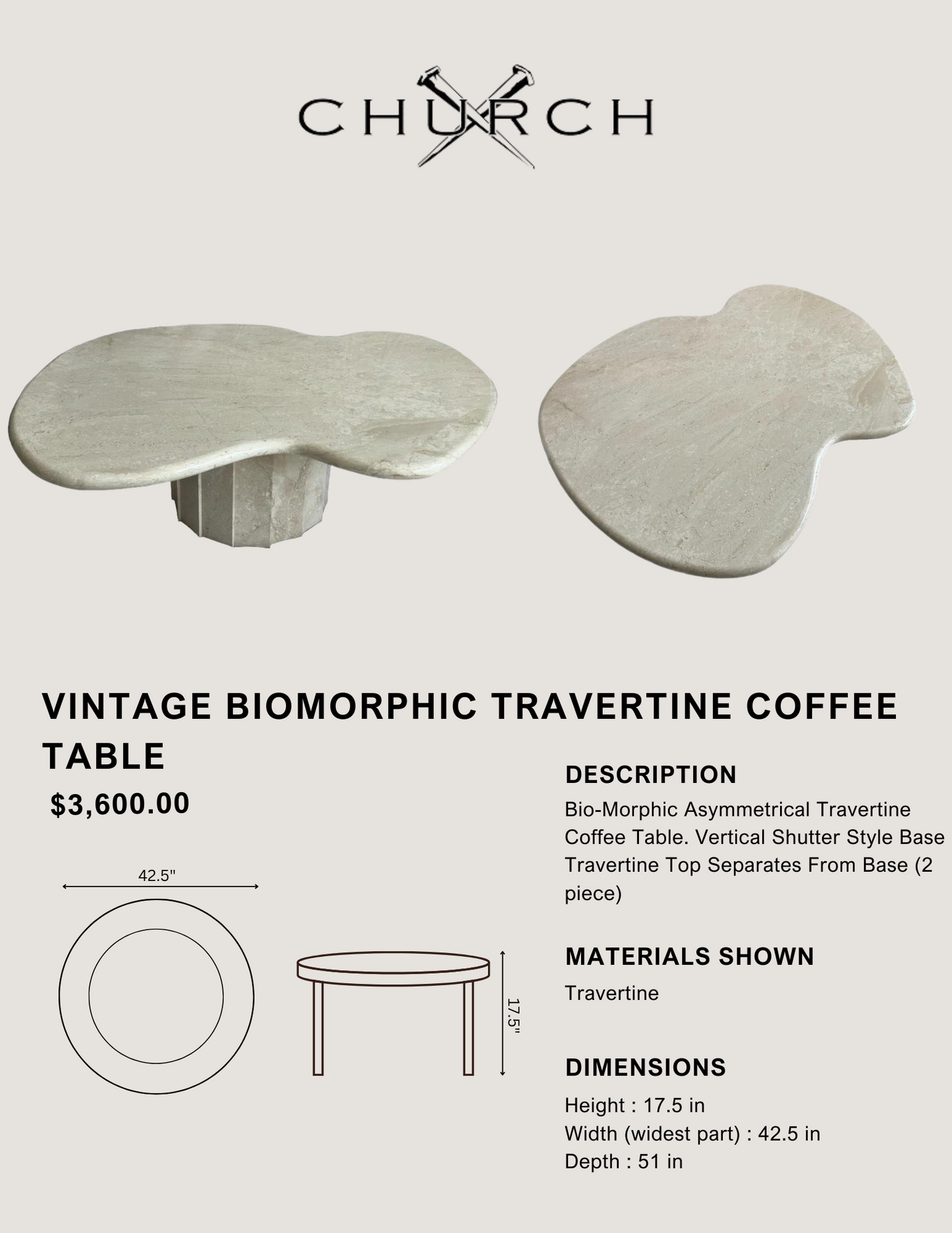 Vintage Biomorphic Travertine Coffee Table