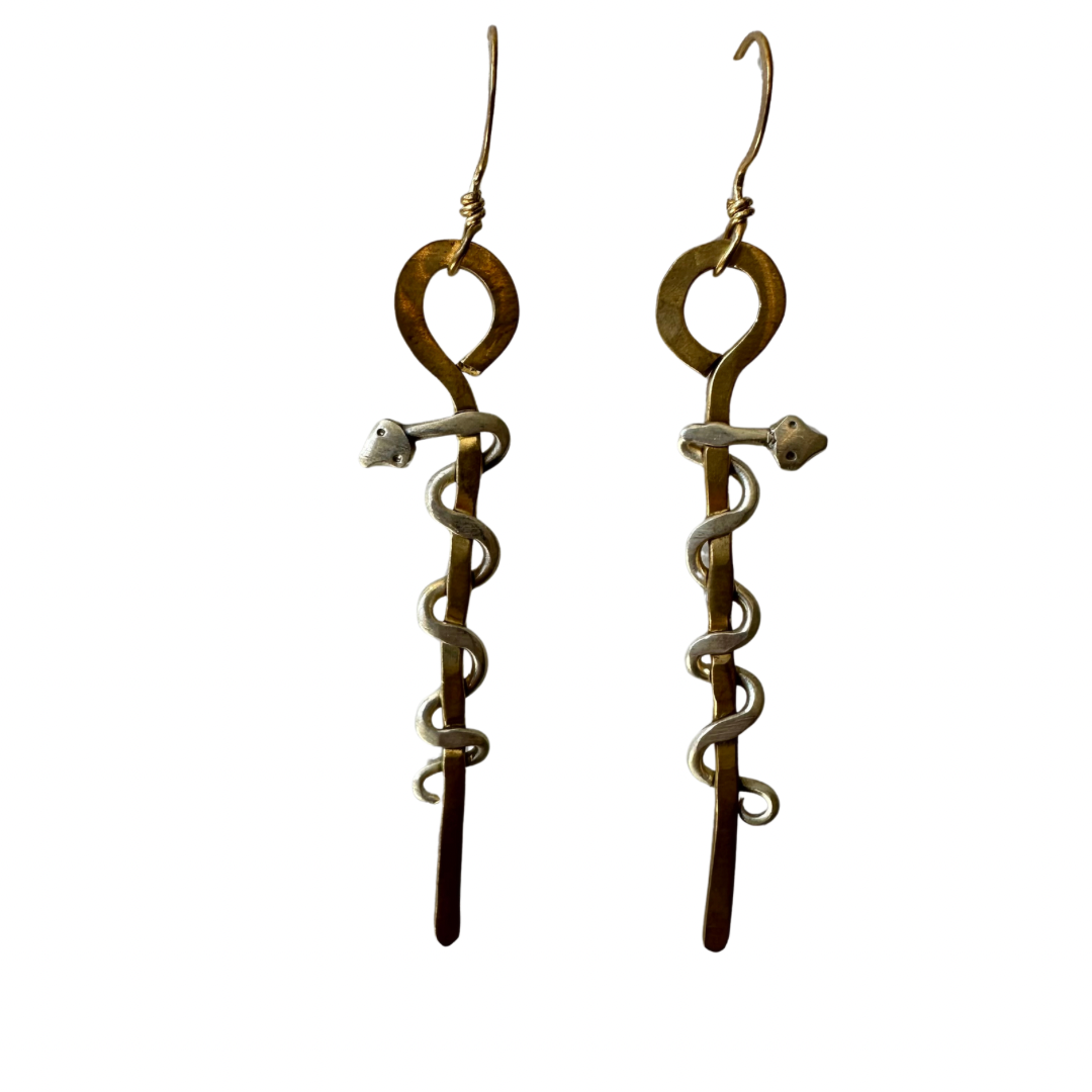 Caduceus Symbol Brass & Silver Earrings
