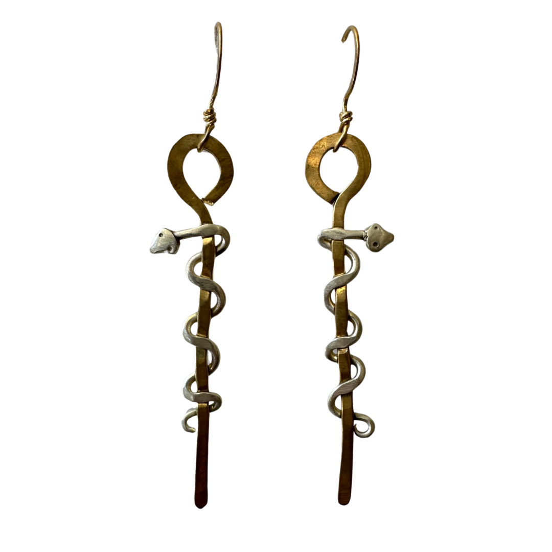 Caduceus Symbol Brass & Silver Earrings