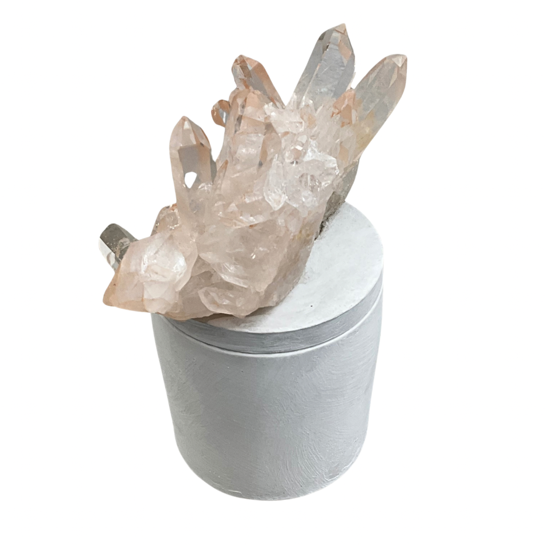 Clear Quartz Crystal Generators w/Blush Accents Lid Gardenia Candle