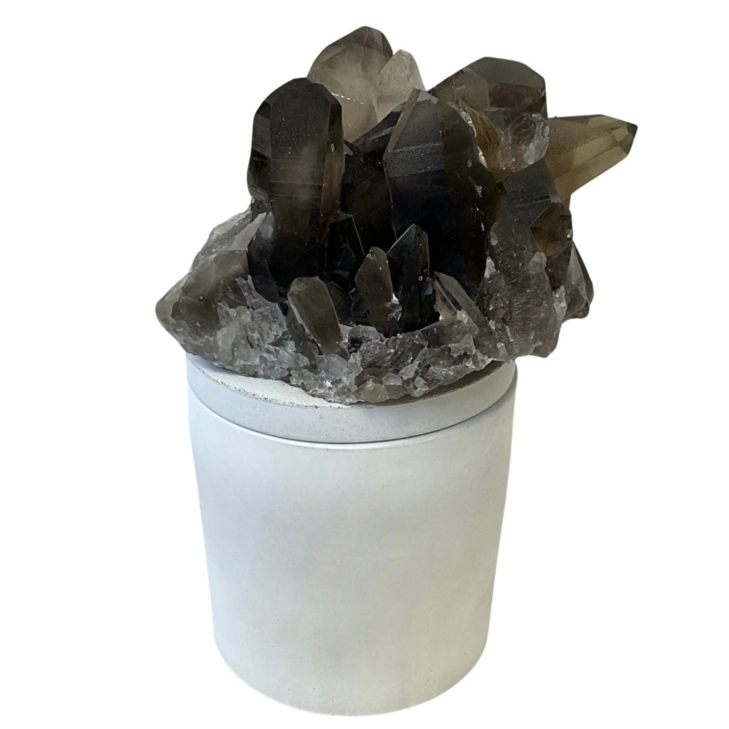 Smoky Quartz Crystal Cluster Lid Gardenia Candle