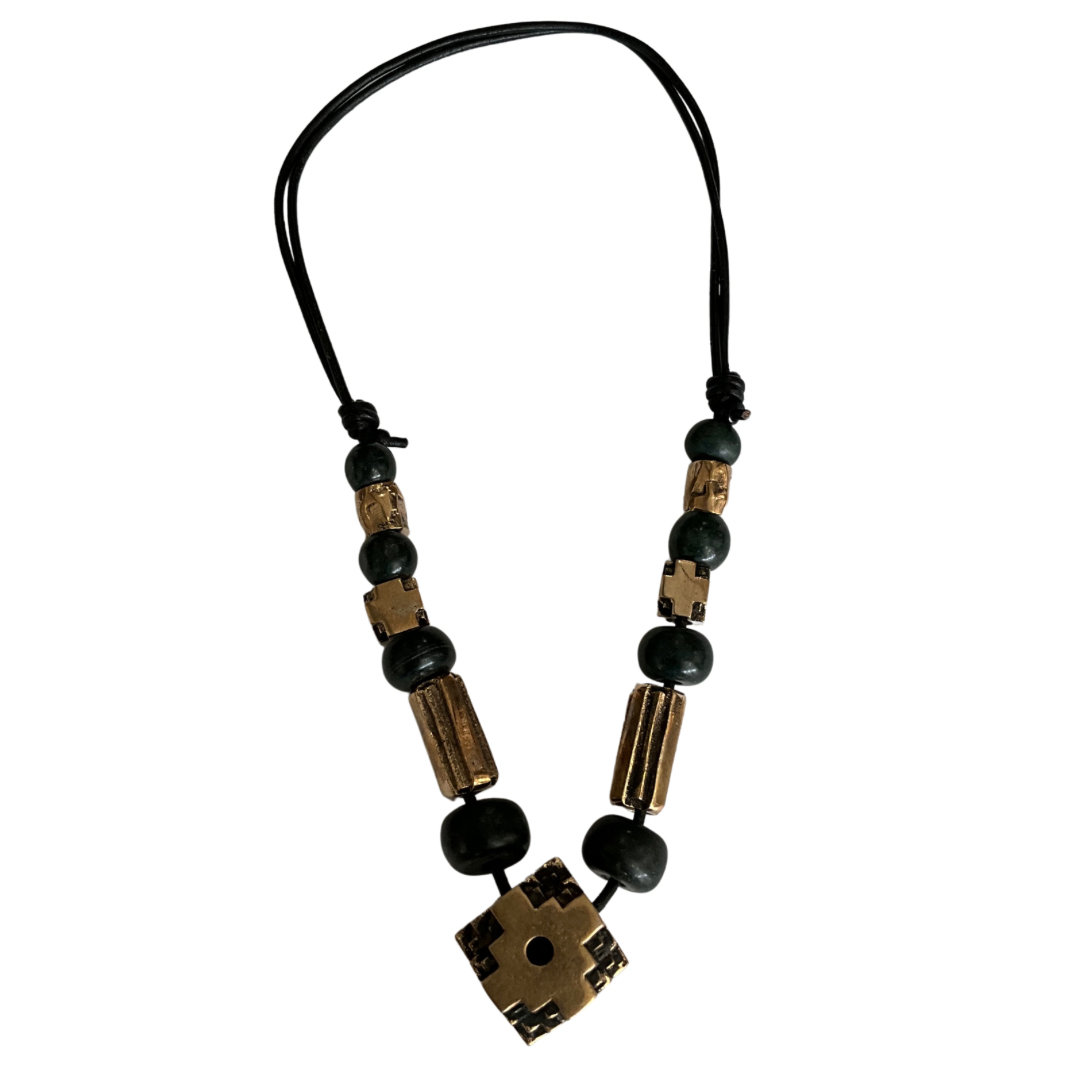 Bronze CHAKANA With Jade & Bronze Beads Necklace