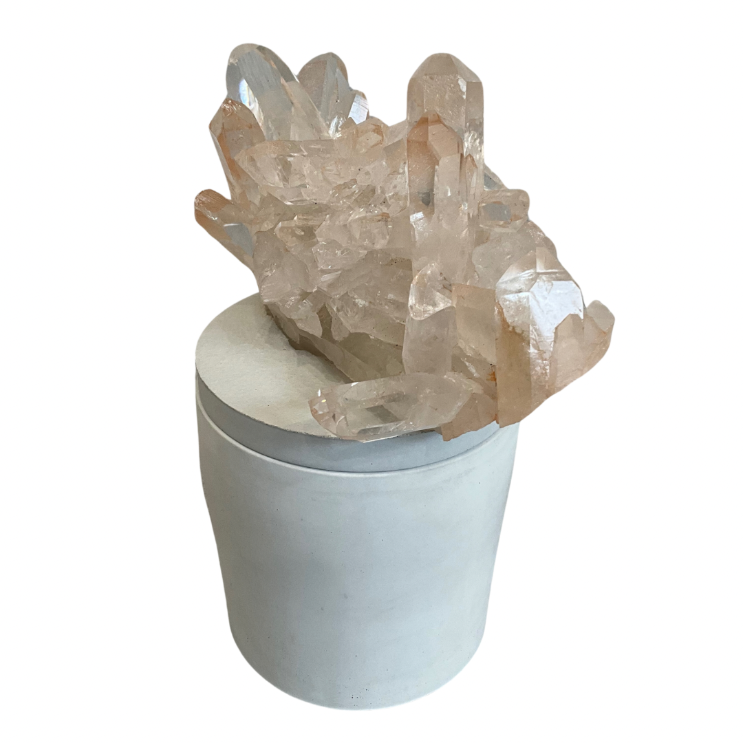 Clear Quartz Crystal Generators w/Blush Accents Lid Gardenia Candle