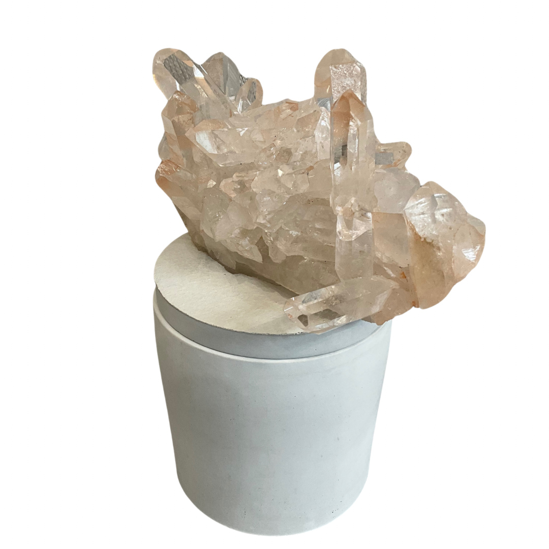 Clear Quartz Crystal Generators w/Blush Accents Lid Gardenia Candle