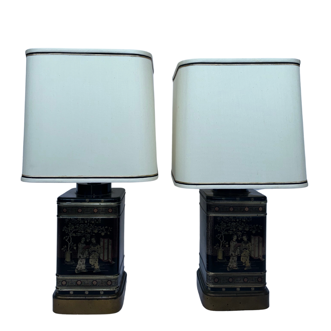 Asian Motif Pair of Frederick Cooper Metal Table Lamps