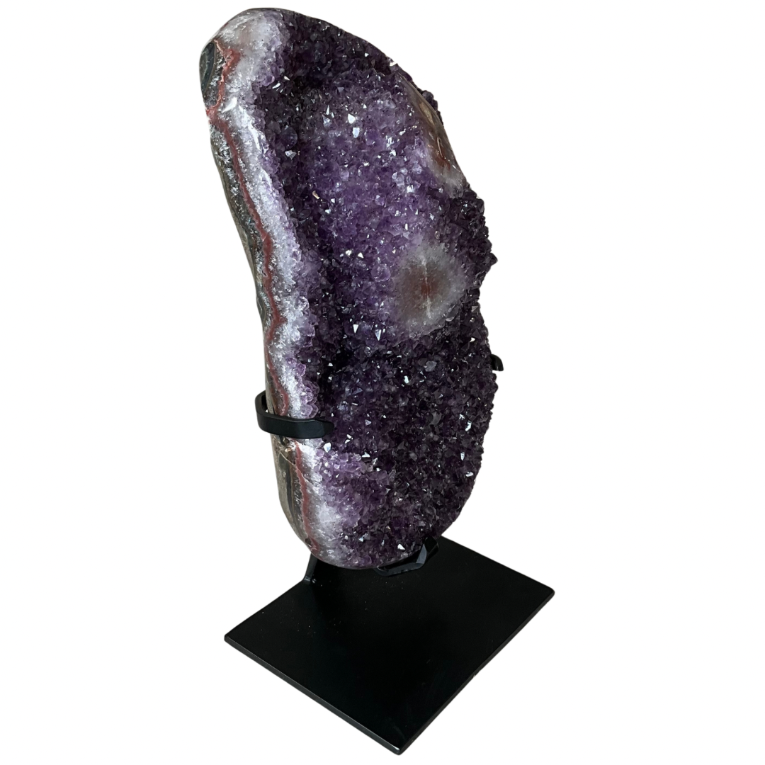 Large 34 LBS Amethyst Geode w/White Quartz Accent Crystal on Stand