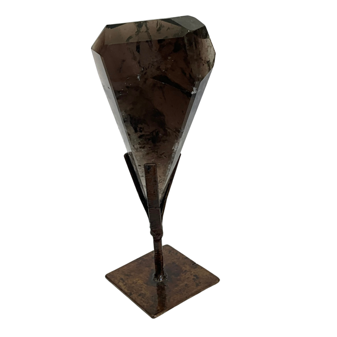 Faceted Deep Smoky Quartz Crystal on Stand