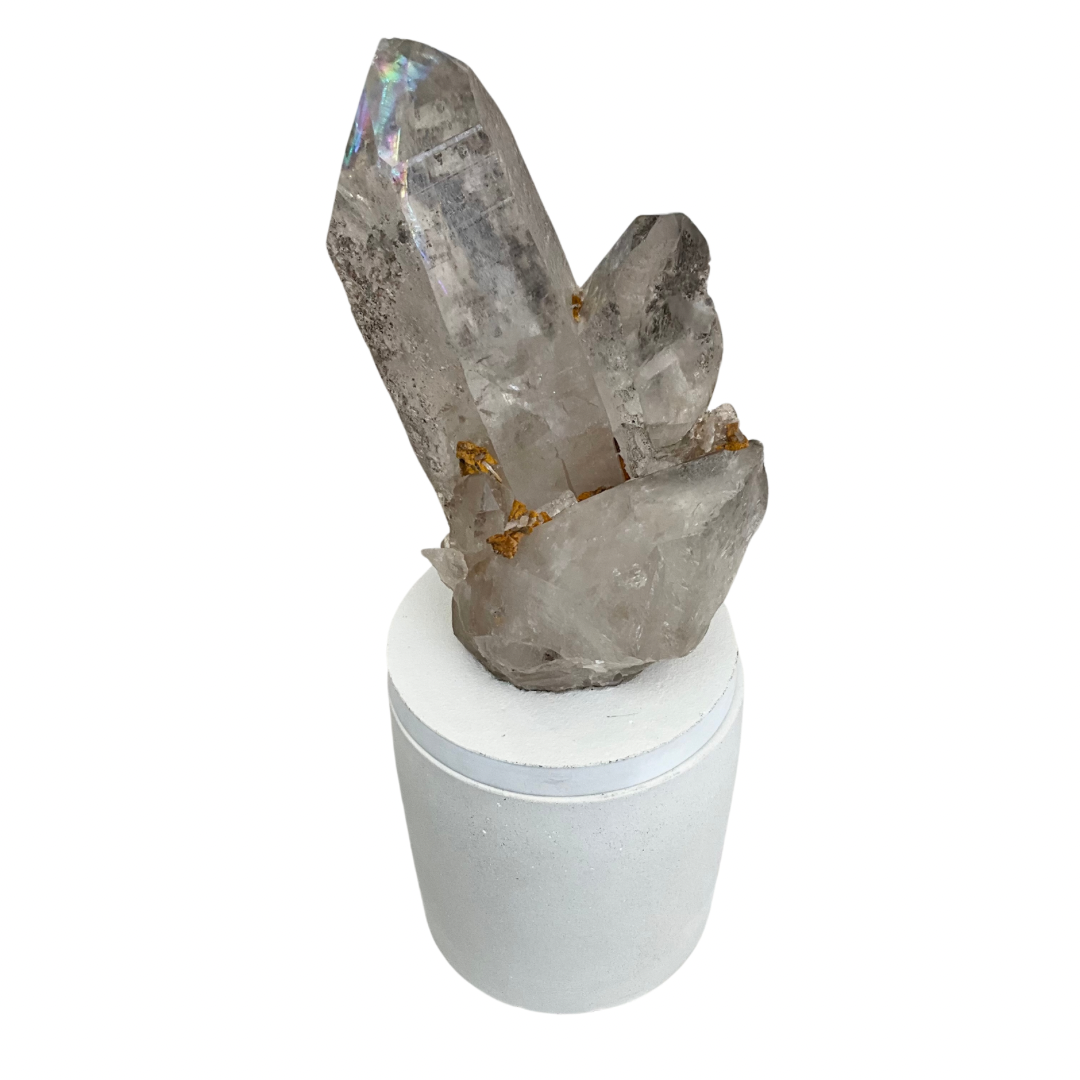 Quartz Crystal Abstract Cluster with Rainbow Lid Gardenia Candle