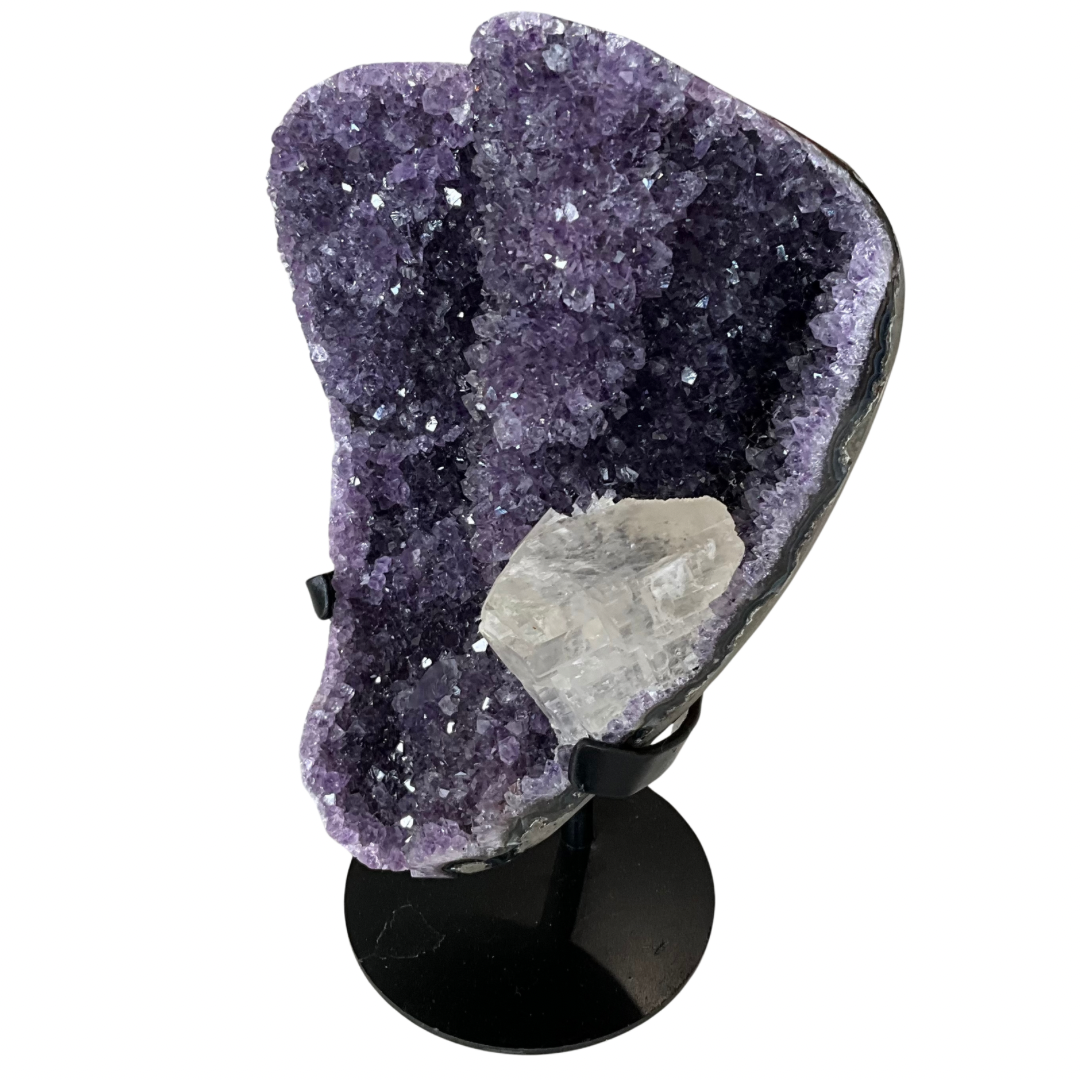 Purple Amethyst Geode w/White Quartz Accent Crystal on Stand