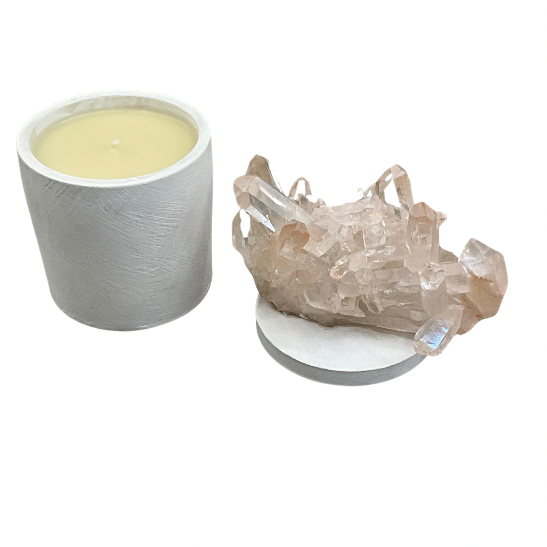 Clear Quartz Crystal Generators w/Blush Accents Lid Gardenia Candle