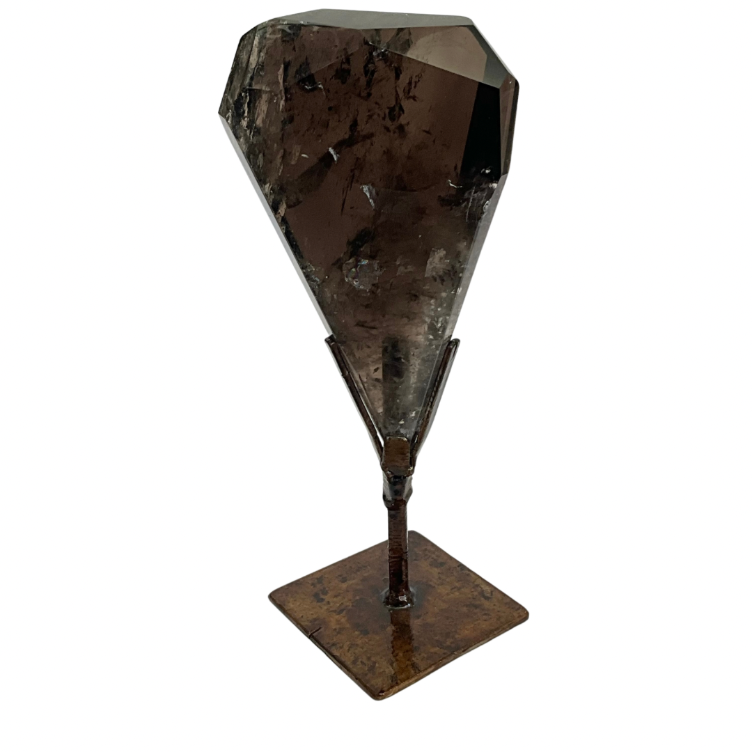 Faceted Deep Smoky Quartz Crystal on Stand