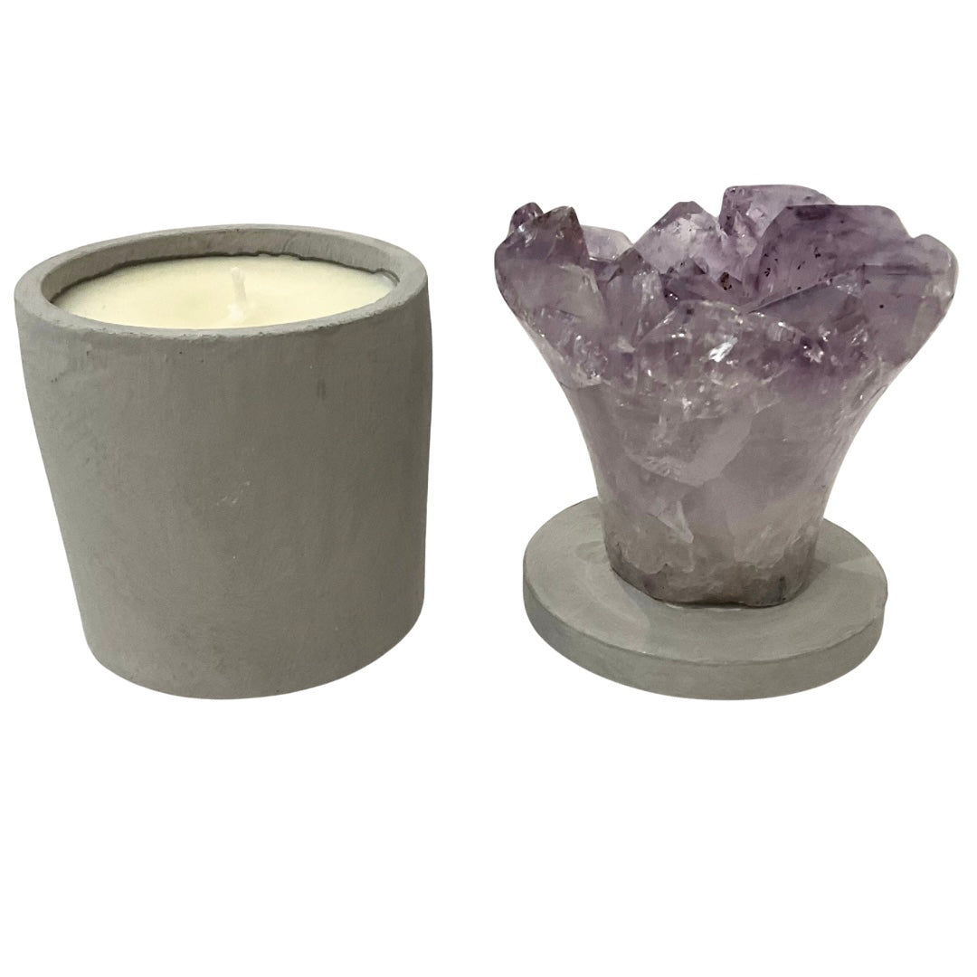 Amethyst "Flower" Cluster Crystal w/Clear Accents Lid Gardenia Candle