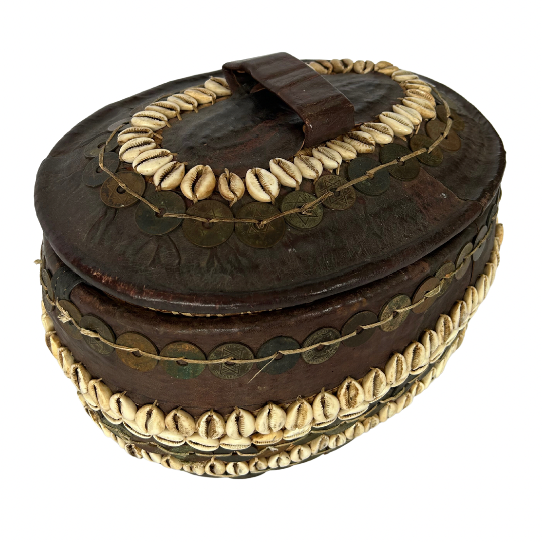 Nigerian Leather & Cowrie Shell Basket