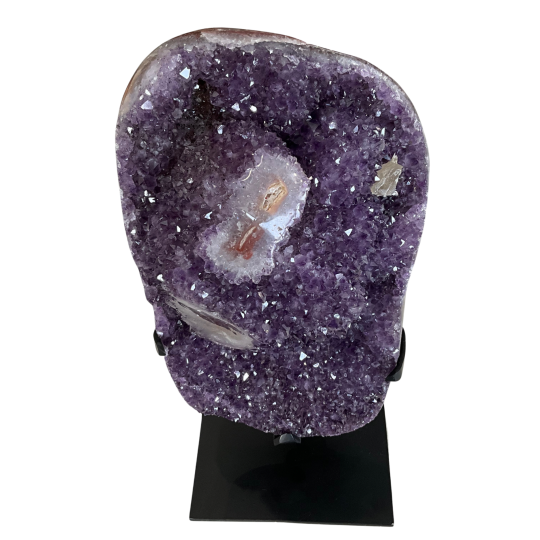 Large 34 LBS Amethyst Geode w/White Quartz Accent Crystal on Stand