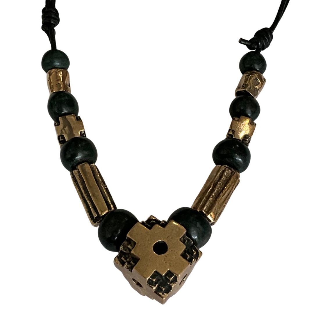 Bronze CHAKANA With Jade & Bronze Beads Necklace