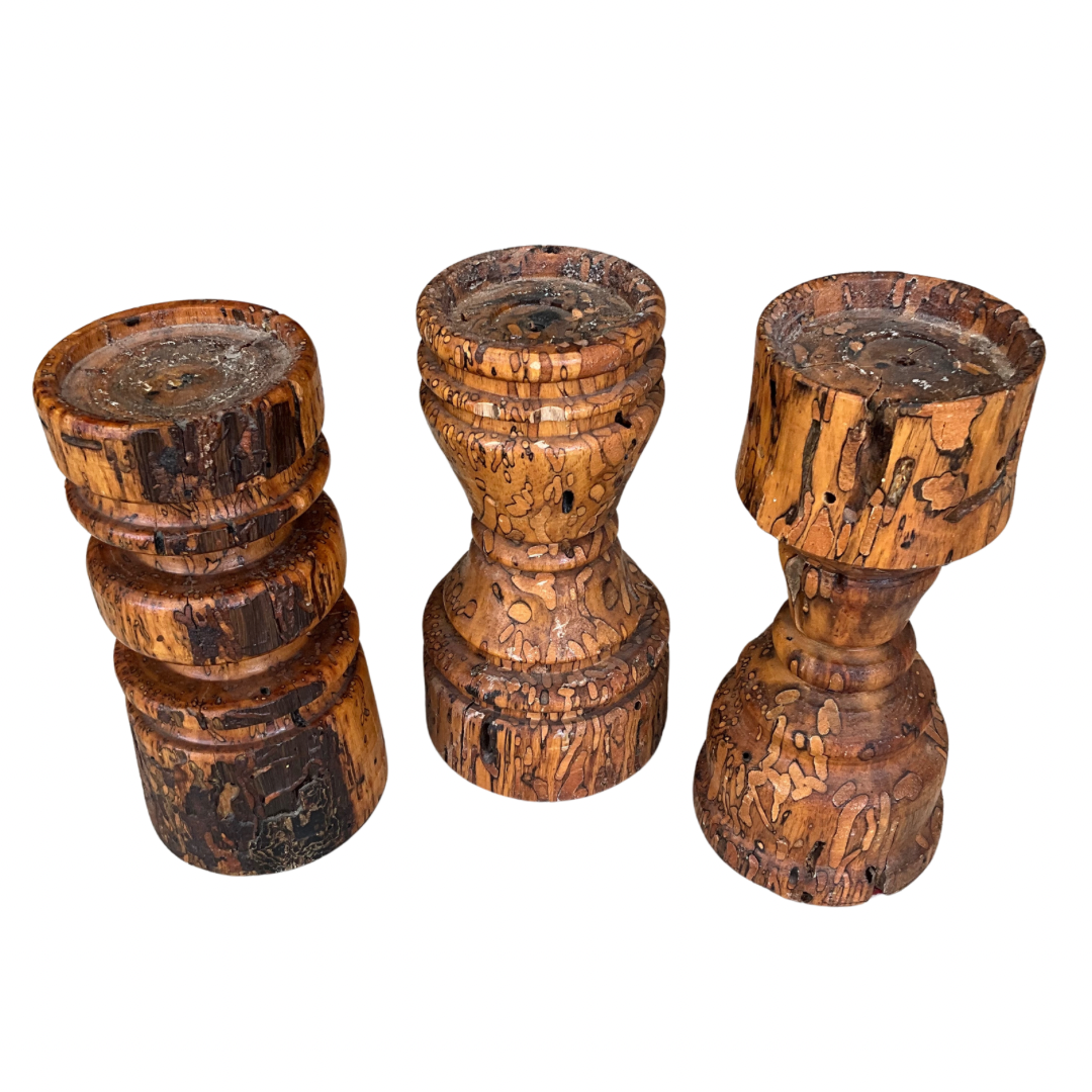 Set of 3 Carved Wood Free-Standing Candlesticks