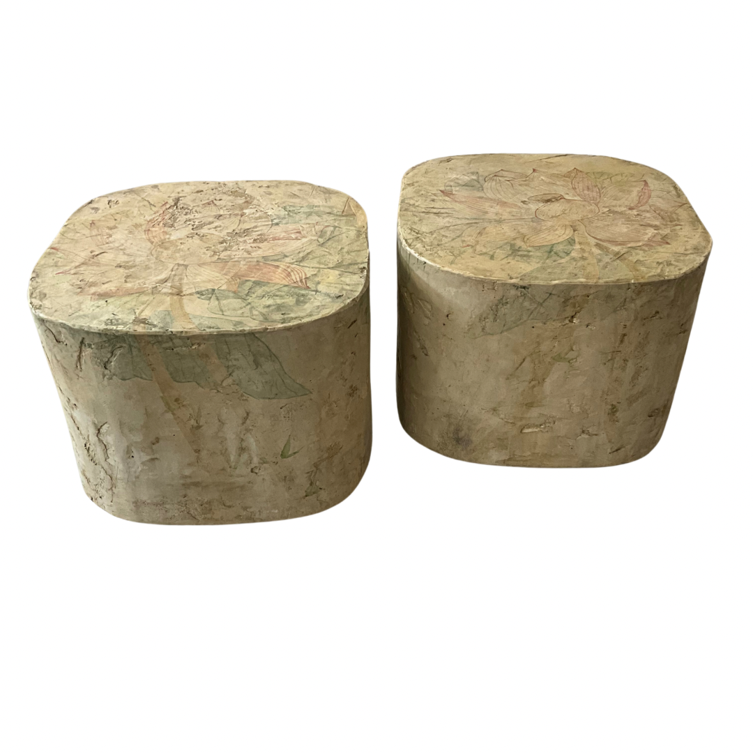 Pair of Floral Accent Side Tables with Brass Base