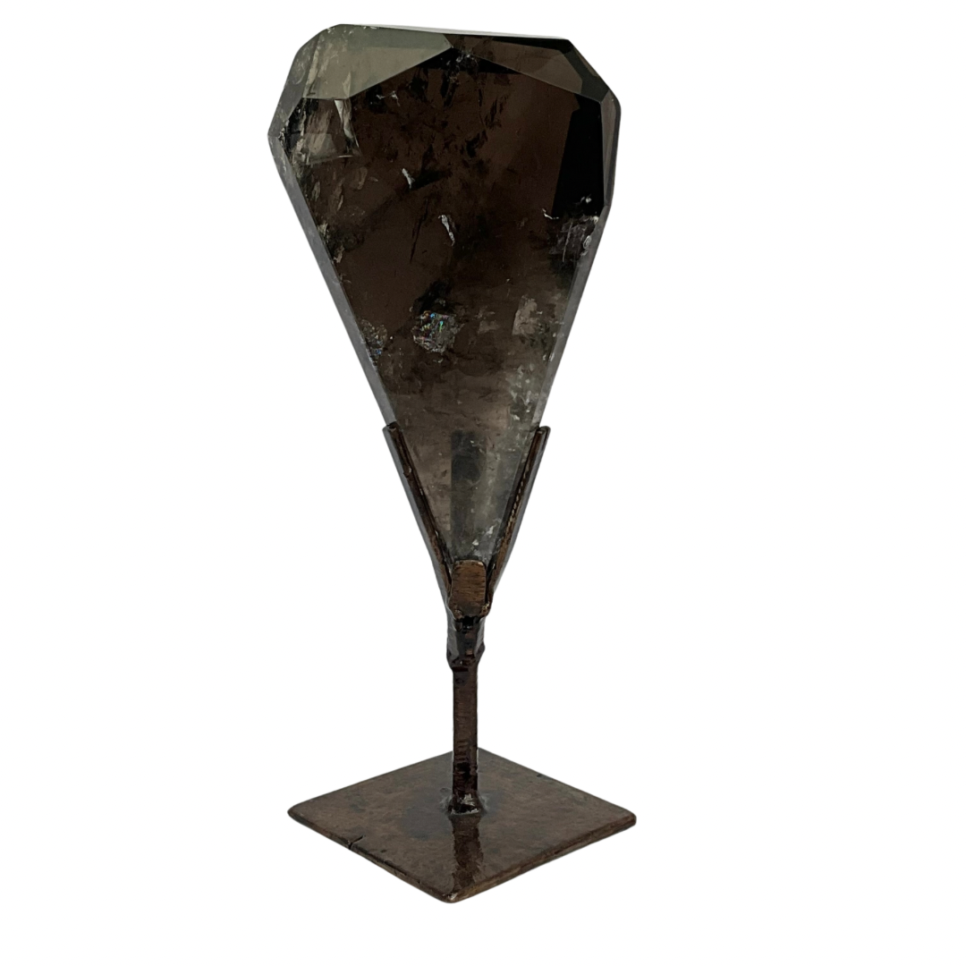 Faceted Deep Smoky Quartz Crystal on Stand