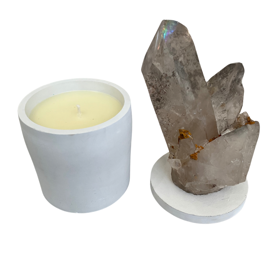 Quartz Crystal Abstract Cluster with Rainbow Lid Gardenia Candle