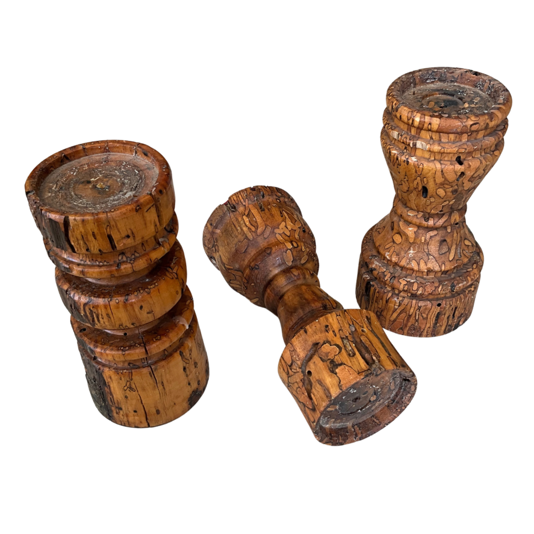 Set of 3 Carved Wood Free-Standing Candlesticks