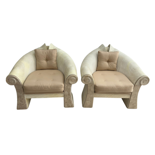 Maitland Smith Tessellated Stone & Bleached Pencil Reed Arm Chairs