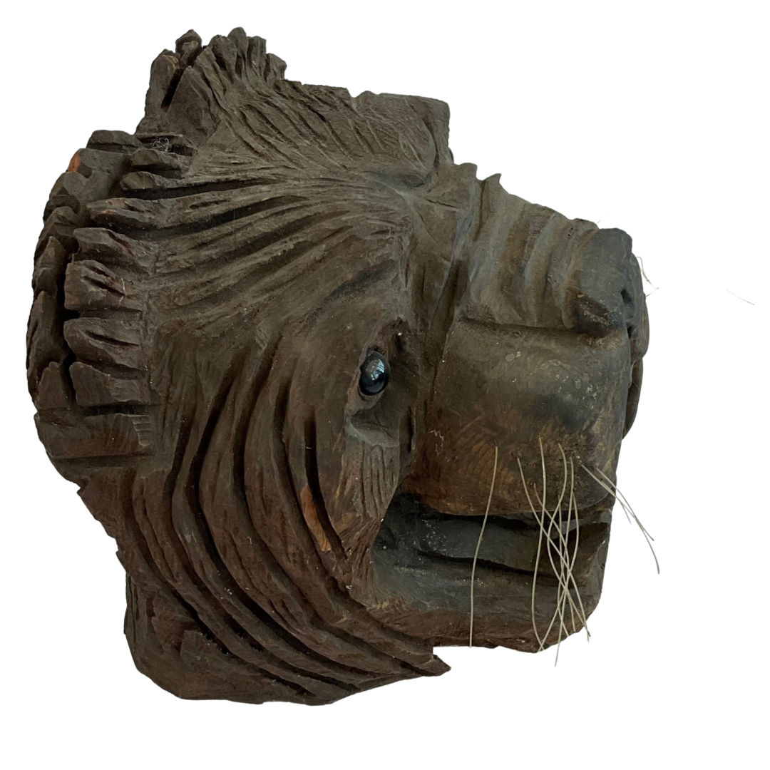 Carved Solid Wood Lion Head Sculpture