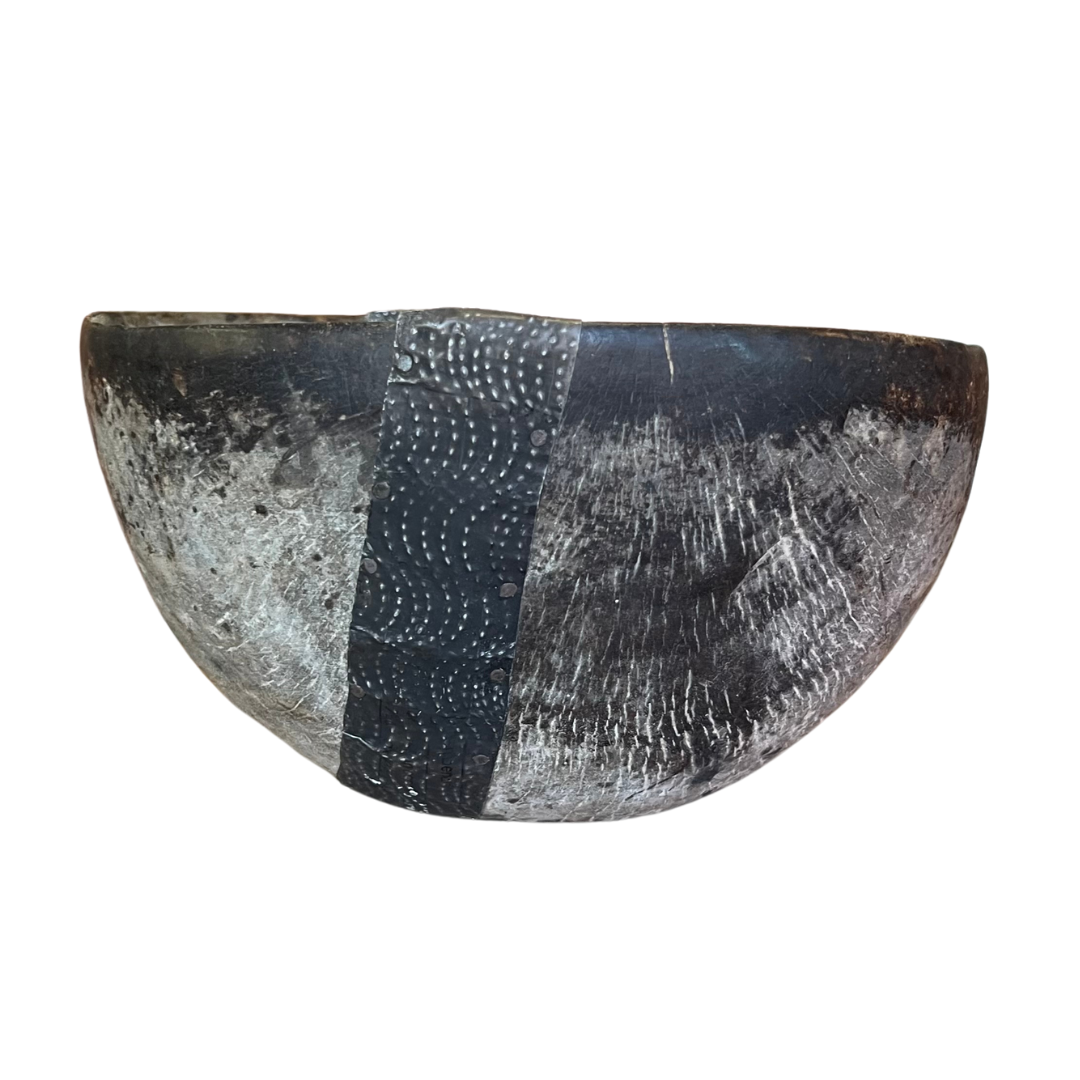 African Wood Carved Bowl w/ Metal Plate