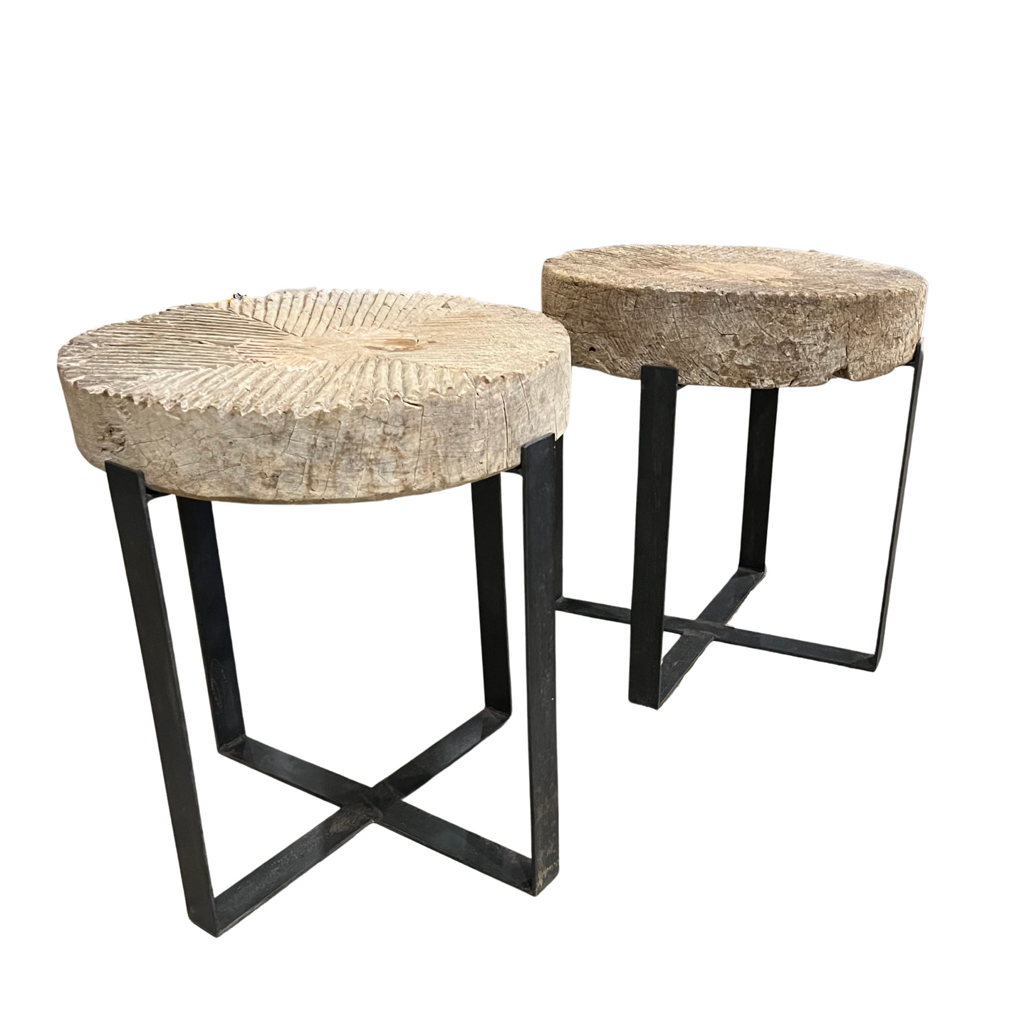 Round Carved Wood Side Tables