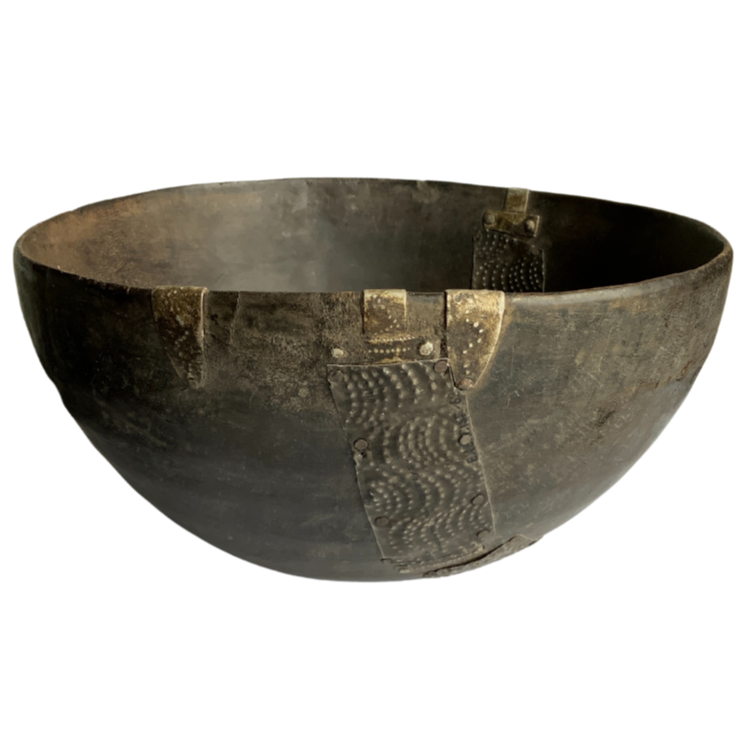 Carved Wood African Bowl with Metal Accents