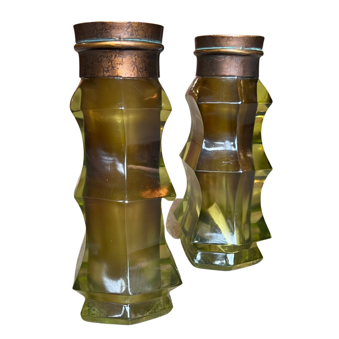 Pair of Green and Amber Resin Vases