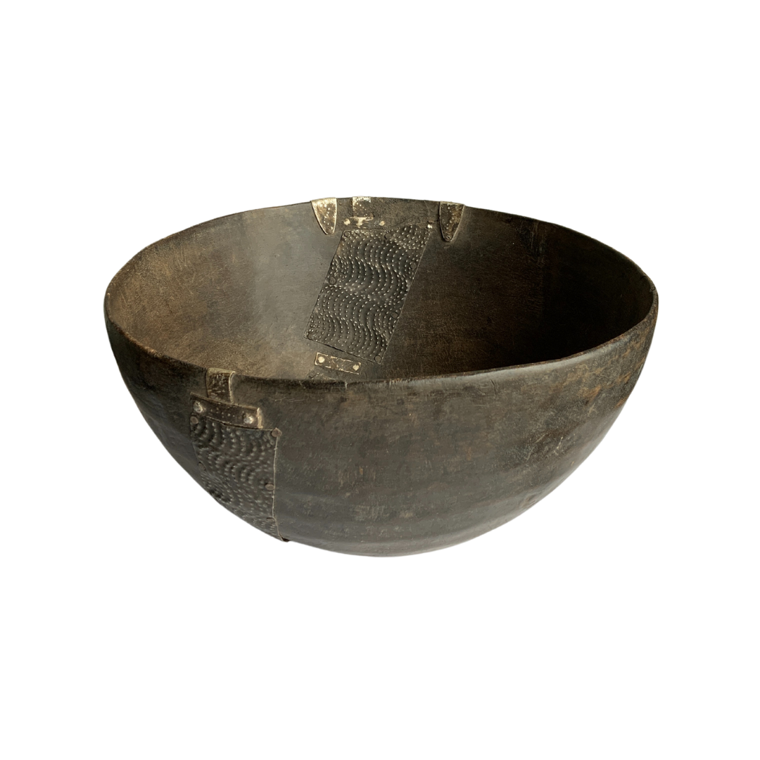 Carved Wood African Bowl with Metal Accents