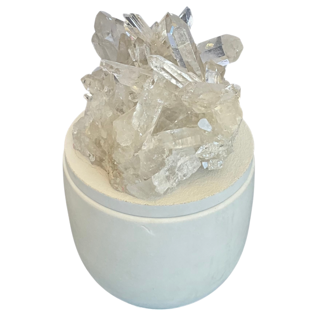 Large Clear Quartz Crystal Cluster Lid Gardenia Candle