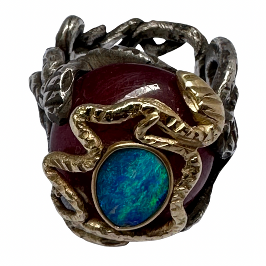 Opal on Ruby Snake Ring with Gold