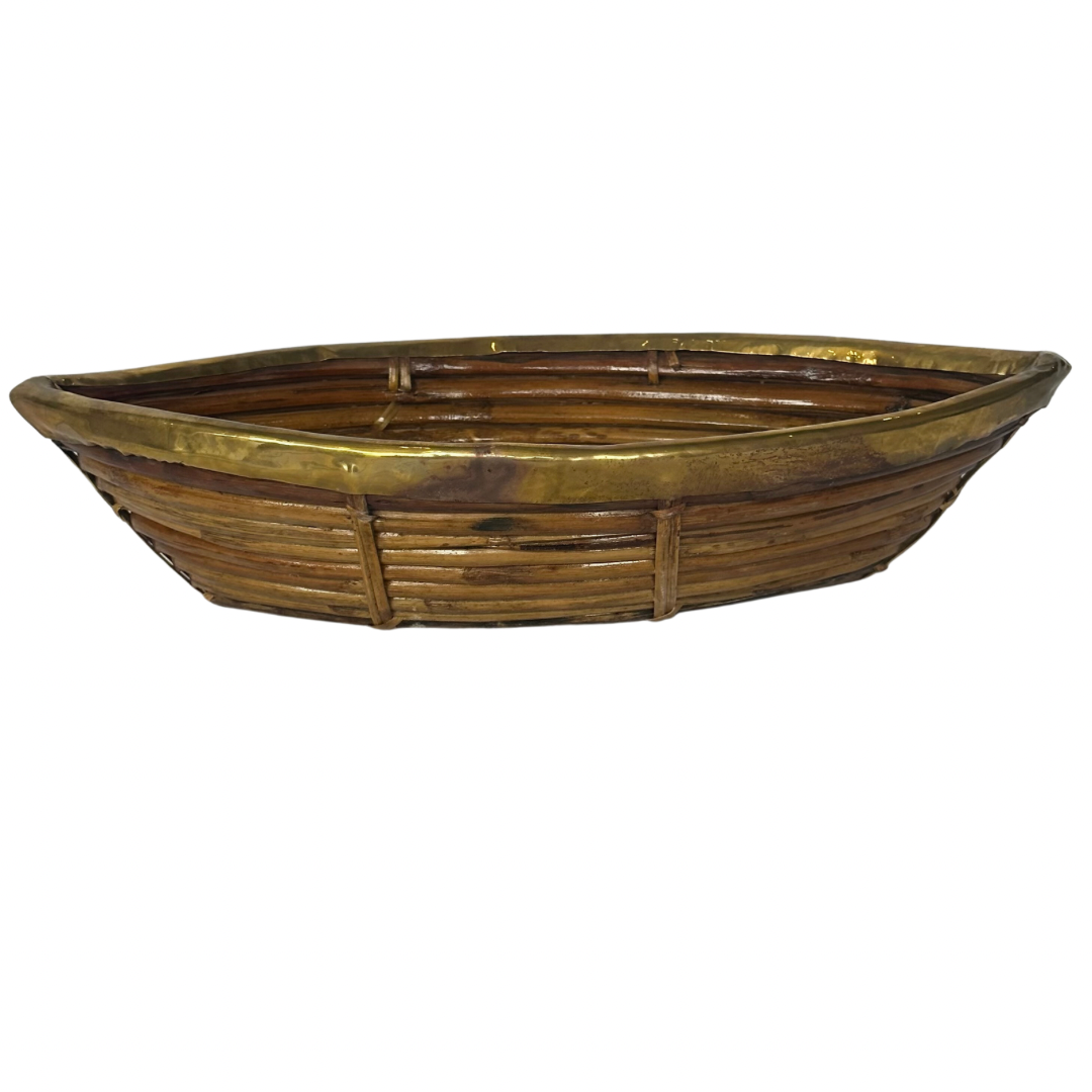 Hand Crafted Rattan Boat Bowl with Brass Trim