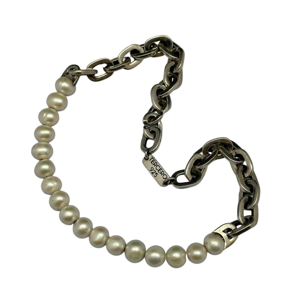 Silver Link Necklace with 17 Pearls