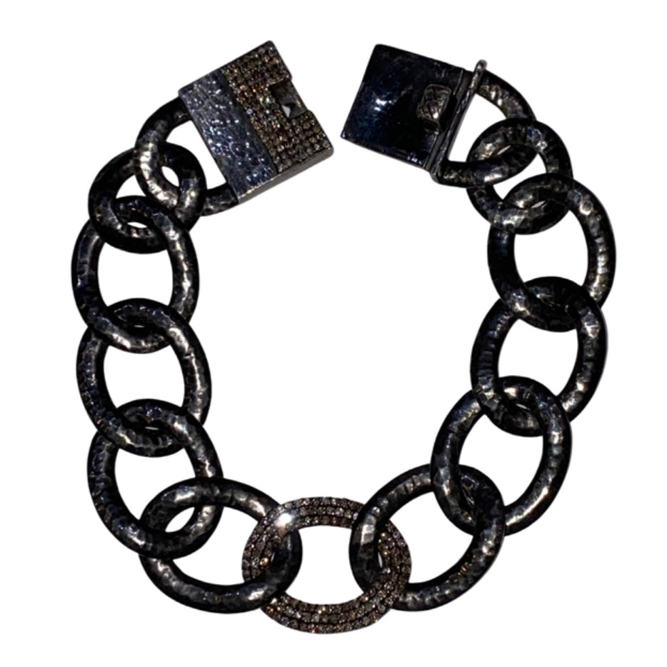 Oxidized Sterling Silver Hammered Chain Link Diamond Bracelet