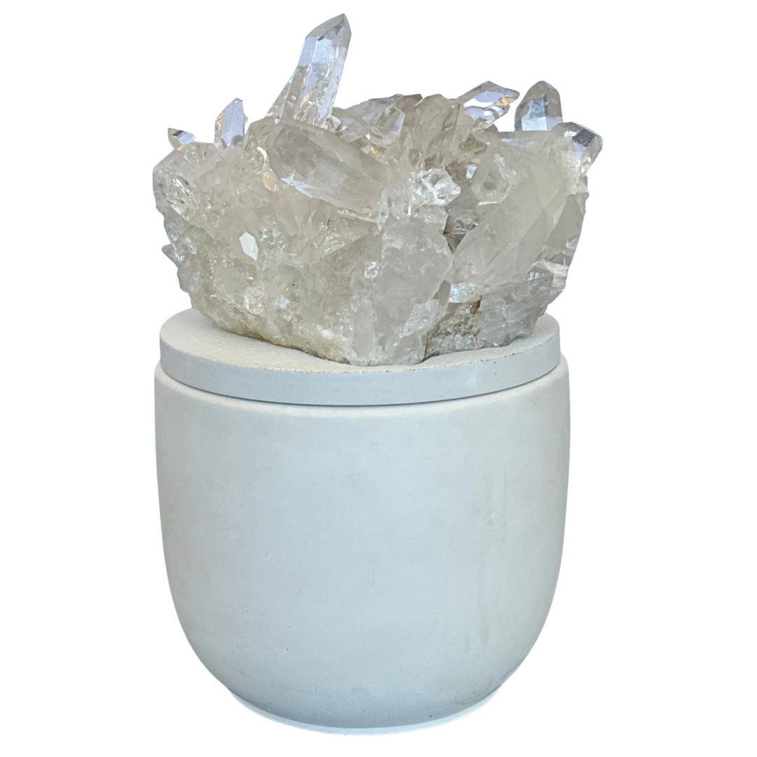 Large Clear Quartz Crystal Cluster Lid Gardenia Candle