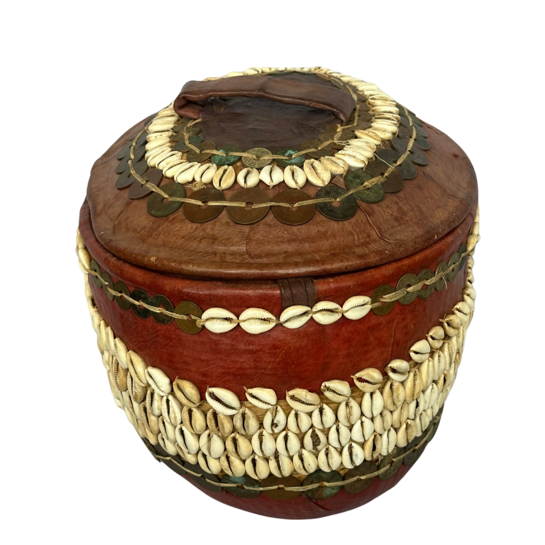 Red Nigerian Leather & Cowrie Shell Basket