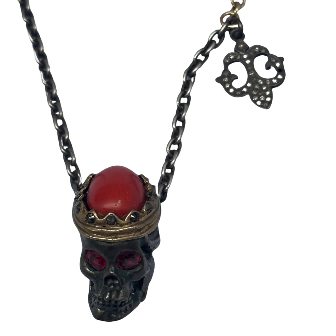 Skull Necklace with Coral Orange Sapphire & Diamonds