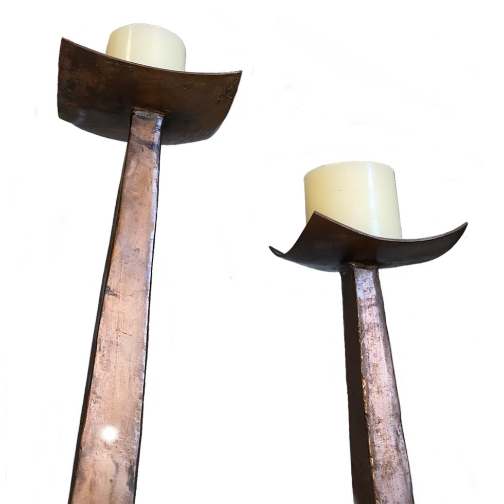 Pair Of Brutalist Oxidized Copper Floor Candle Stands