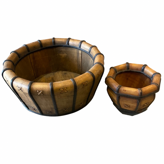 Pair of Wood & Leather Planters