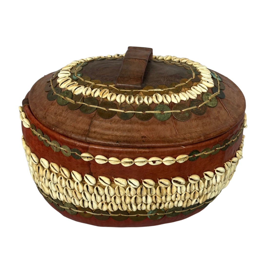 Red Nigerian Leather & Cowrie Shell Basket