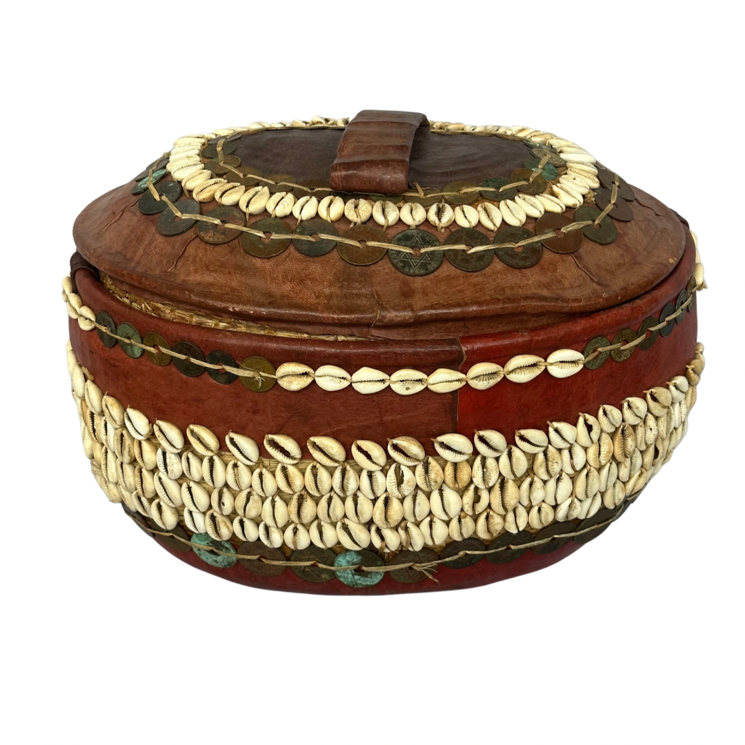 Red Nigerian Leather & Cowrie Shell Basket