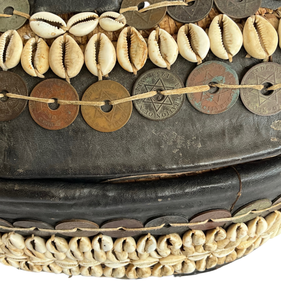 Large Nigerian Leather & Cowrie Shell Basket