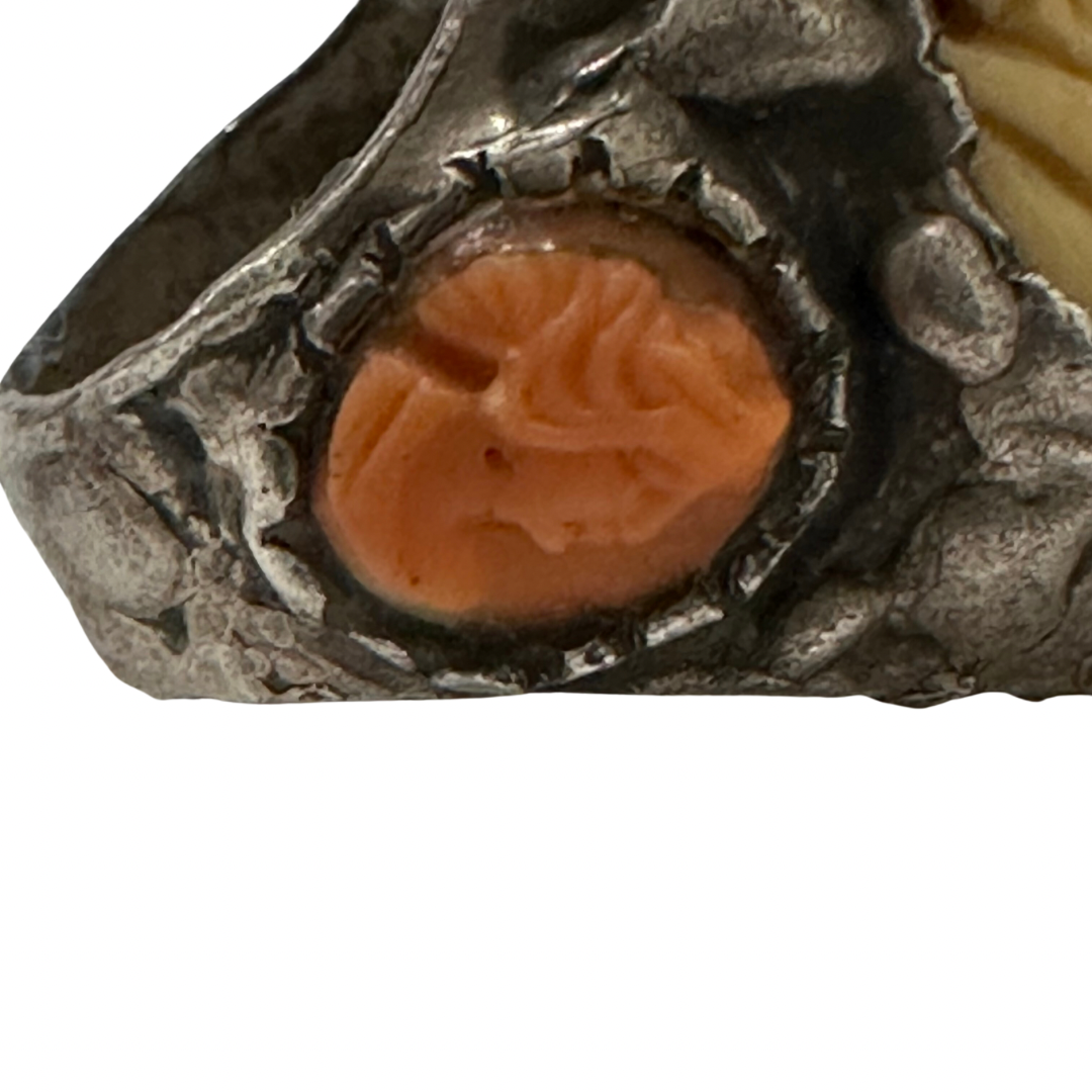 Bone Buddha Ring with Coral Accent
